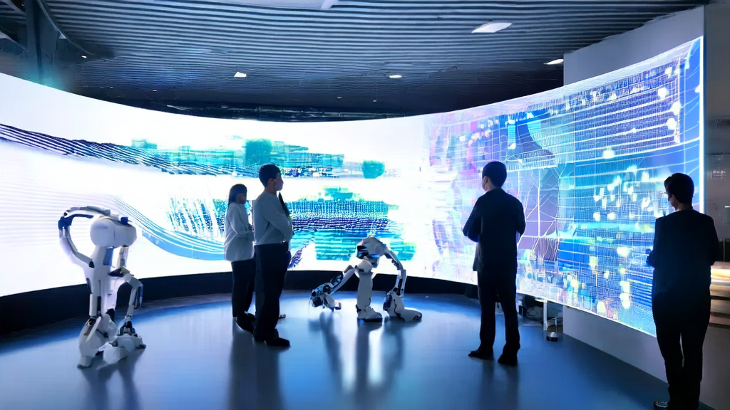 In a bright office, team members analyze data using an AI customer prediction model to enhance marketing effectiveness