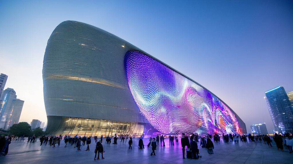 Modern building showcasing Baidu Huoxing AI engine, highlighting AI-driven precise marketing and ad targeting technology