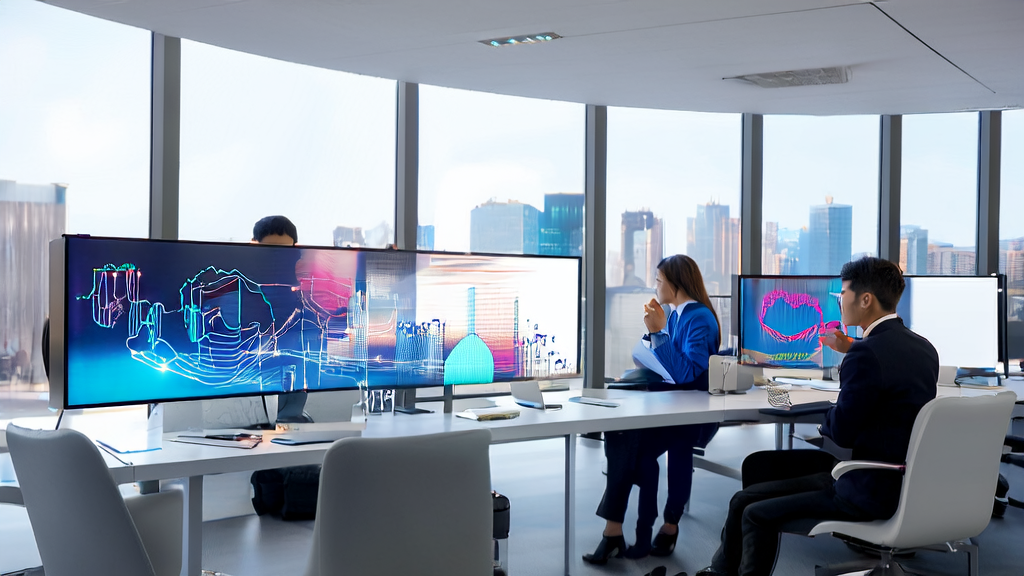 In a modern office, analysts are using AI prediction models for client screening and data analysis, with a heatmap of customer behavior on the wall.