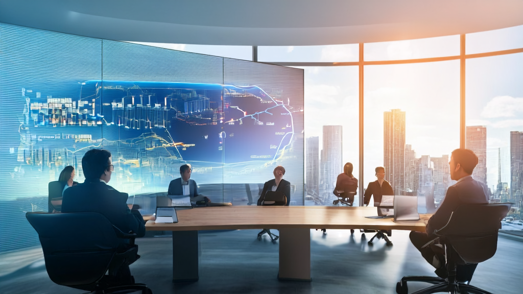 现代化办公室内的员工正在使用AI客户预测模型进行精准邮件营销,提高转化率。