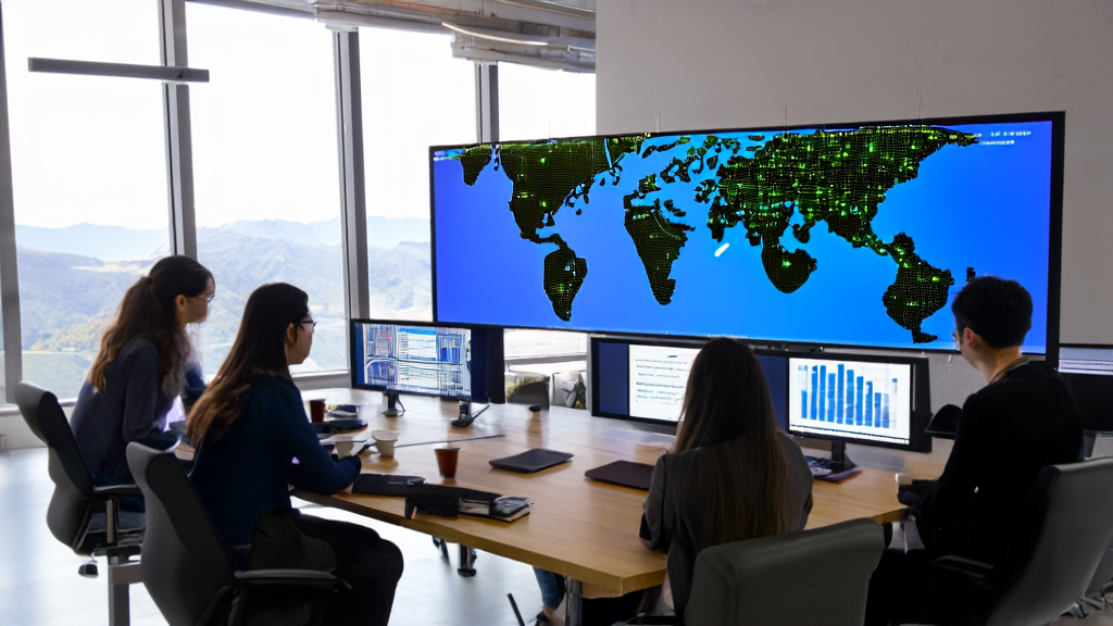 现代化办公室中,外贸从业者利用AI助手CC进行高效邮件营销和客户数据分析
