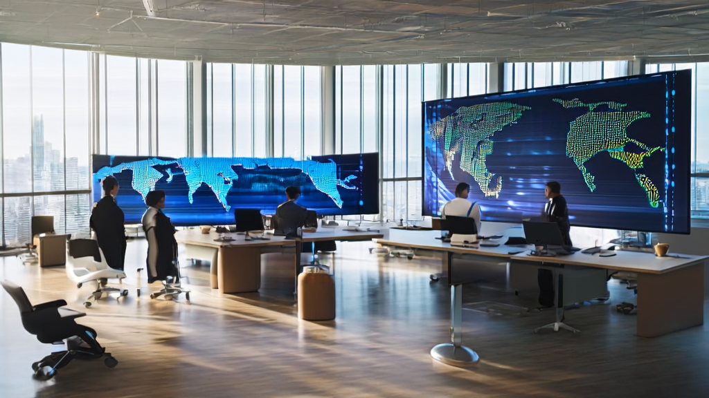 现代化办公室内员工利用AI技术处理销售数据和客户邮件