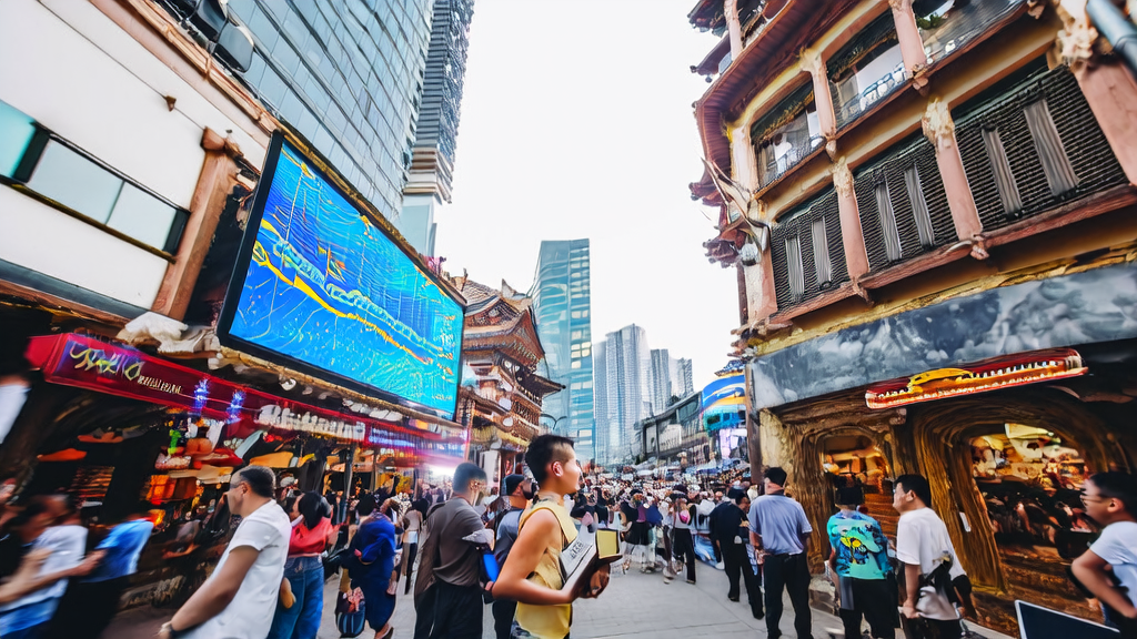 东南亚城市街头的年轻创业者使用AI获客系统，背景是繁忙的市井生活和现代建筑