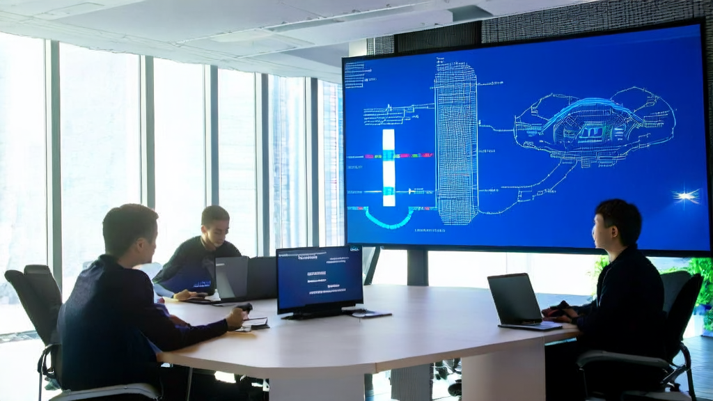 A modern office team discussing AI-driven smart acquisition systems with a high-precision 3D data model generated by NVIDIA's ViPE engine on the wall
