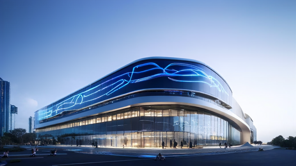 未来科技城市的现代化办公楼内，员工们使用AI智能获客系统进行高效工作，背景有微软标识