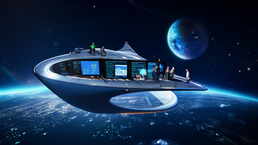 AI驱动的飞船航行在星海中，企业家们通过智能屏幕监控全球市场动态，展示SaaS企业在海外市场的表现。