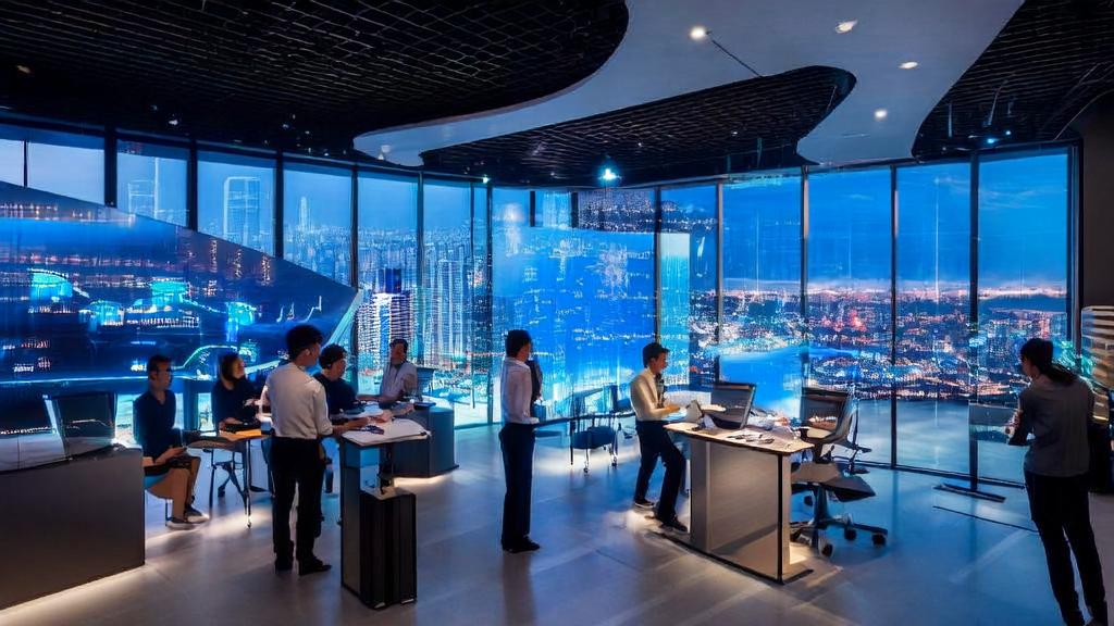 An AI-driven startup studio focused on customer data cleansing services, with sunlight illuminating a vibrant and energetic workspace through large windows.