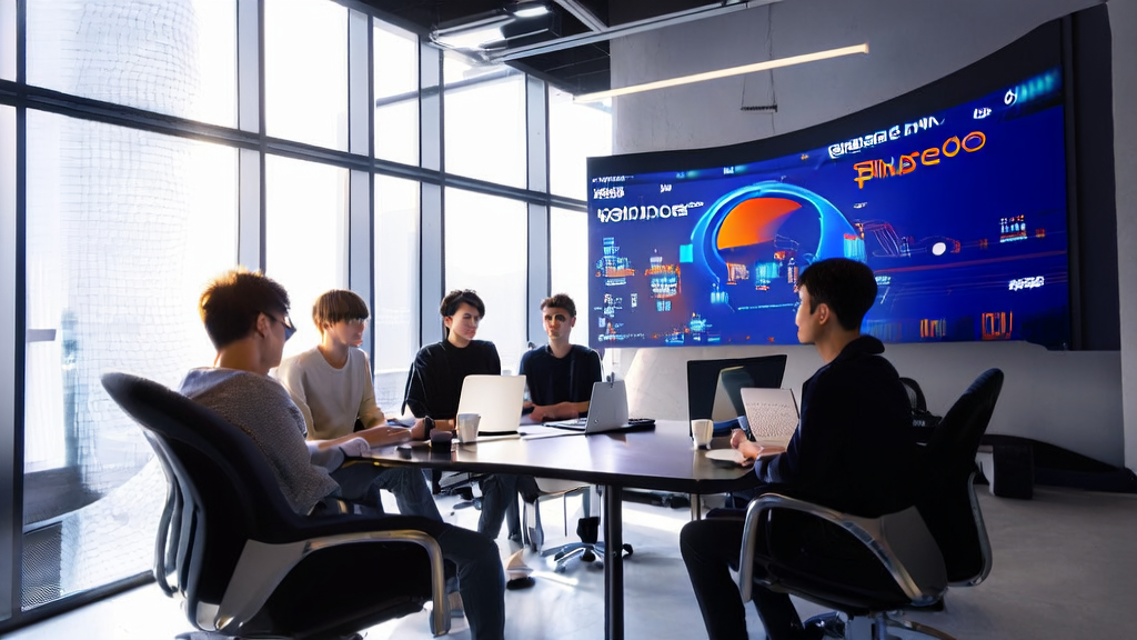 A group of entrepreneurs in a futuristic office using AI to optimize email marketing strategies
