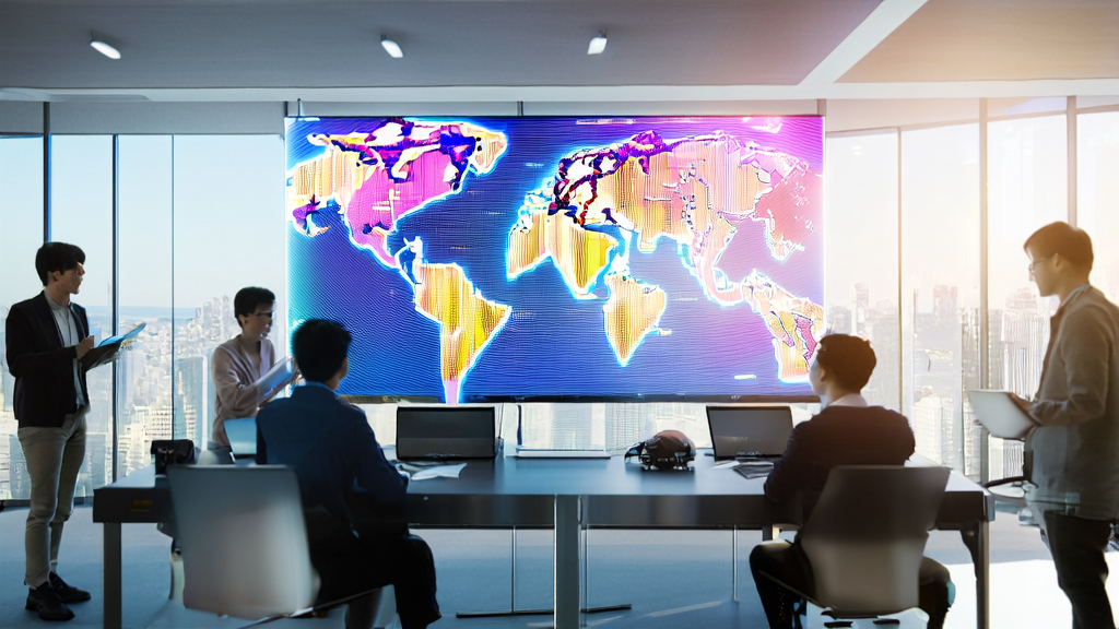 AI驱动的外贸获客革命：团队围绕智能屏幕讨论全球客户获取路径