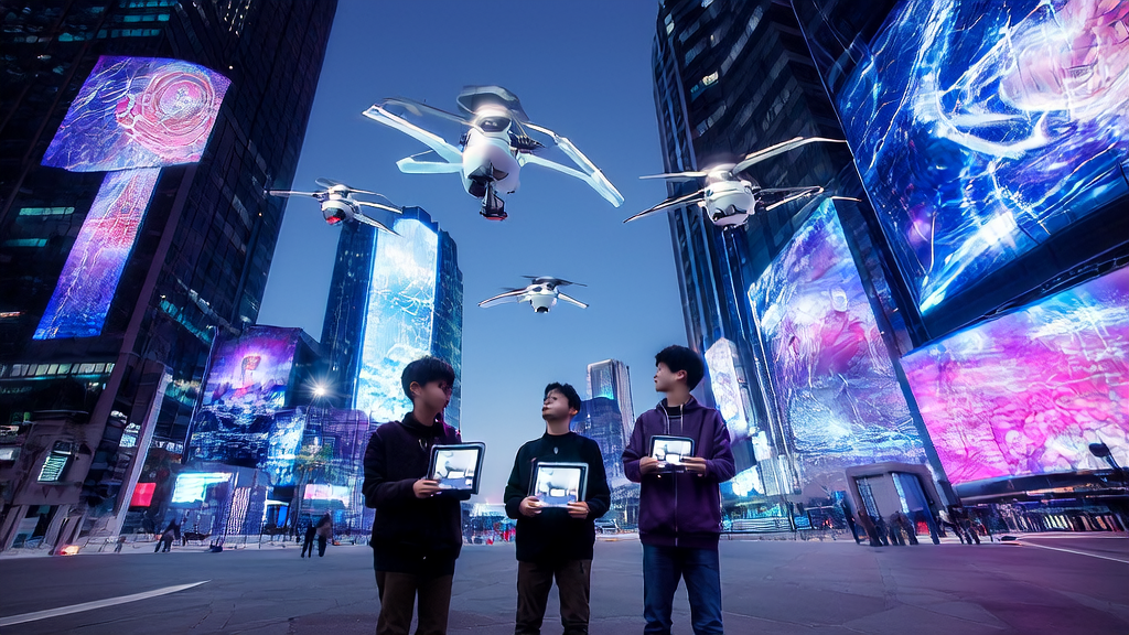 2025年AI技术在外贸邮件营销中的应用，展示了未来城市中AI驱动的个性化营销场景