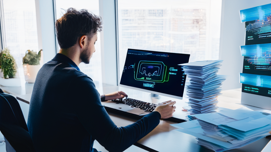 Designer using Figma AI image editing tool for email marketing in a futuristic office