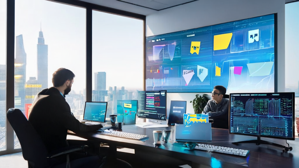 A group of programmers discussing AI email marketing and A/B testing strategies in an office, with a presentation on the wall showcasing PayPal and OpenAI collaboration and email subject line optimization plans.