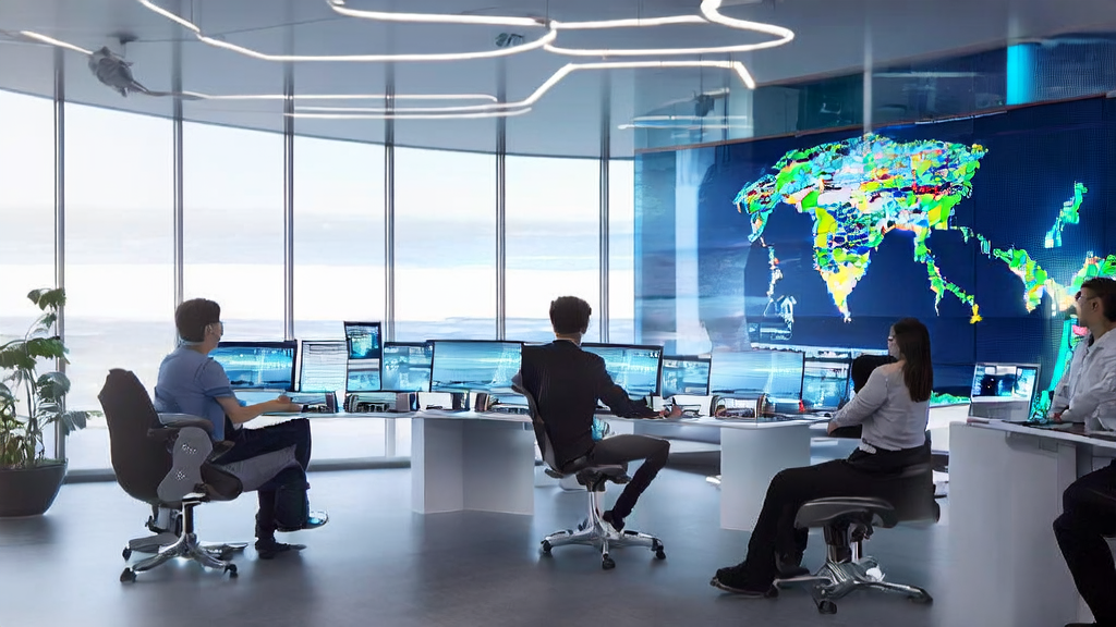 A modern office bathed in sunlight, where a cross-border e-commerce team uses AI email marketing tools for efficient customer acquisition