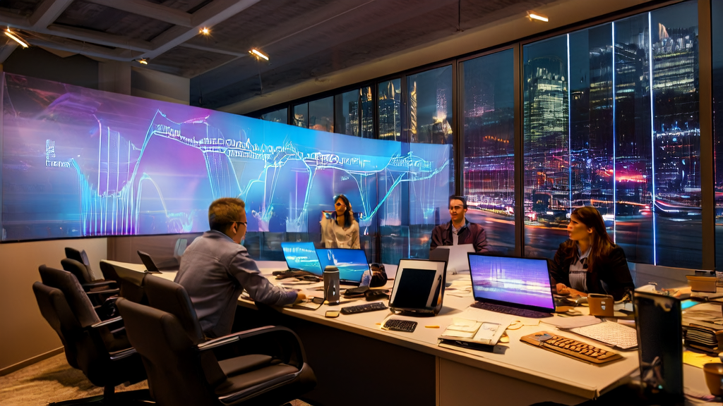 Tech professionals in a modern office using AI algorithms for email marketing and data cleaning to enhance customer acquisition efficiency.