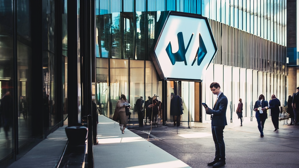 A business person checking emails on a smartphone in front of a modern office building with sunlight reflecting off the glass, with a Google logo in the background, showcasing efficient AI email marketing.