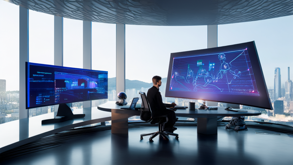 A young entrepreneur in a futuristic office using AI technology to optimize email marketing strategies, enhancing customer response rates and conversion rates.
