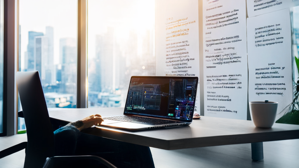 In a modern office bathed in sunlight, a professional is using AI technology to optimize email marketing and improve reply rates.