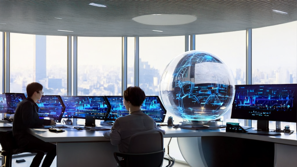 Futuristic office showcasing AI email marketing acquisition innovations