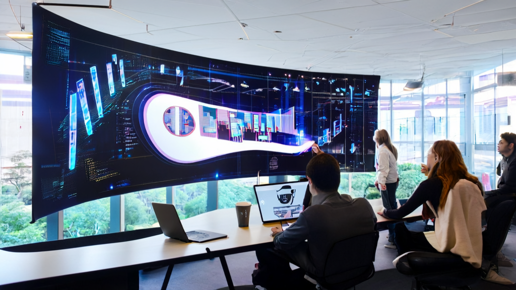 A marketing team in a high-tech office uses AI technology to analyze customer behavior and optimize email marketing strategies, incorporating Suno's voice replacement feature to enhance personalized content delivery.
