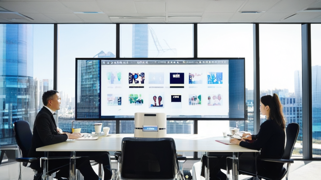 未来城市的现代化办公楼内，营销团队讨论AI邮件营销策略，智能机器人准备咖啡