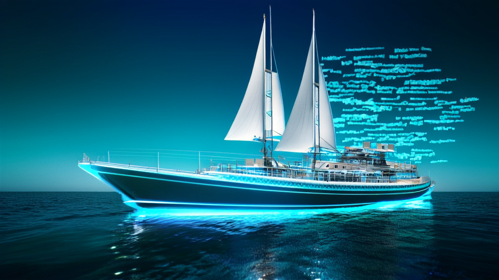 An AI-powered modern sailboat navigating through a digital ocean, symbolizing the new era of optimized email marketing for customer acquisition and higher response rates.