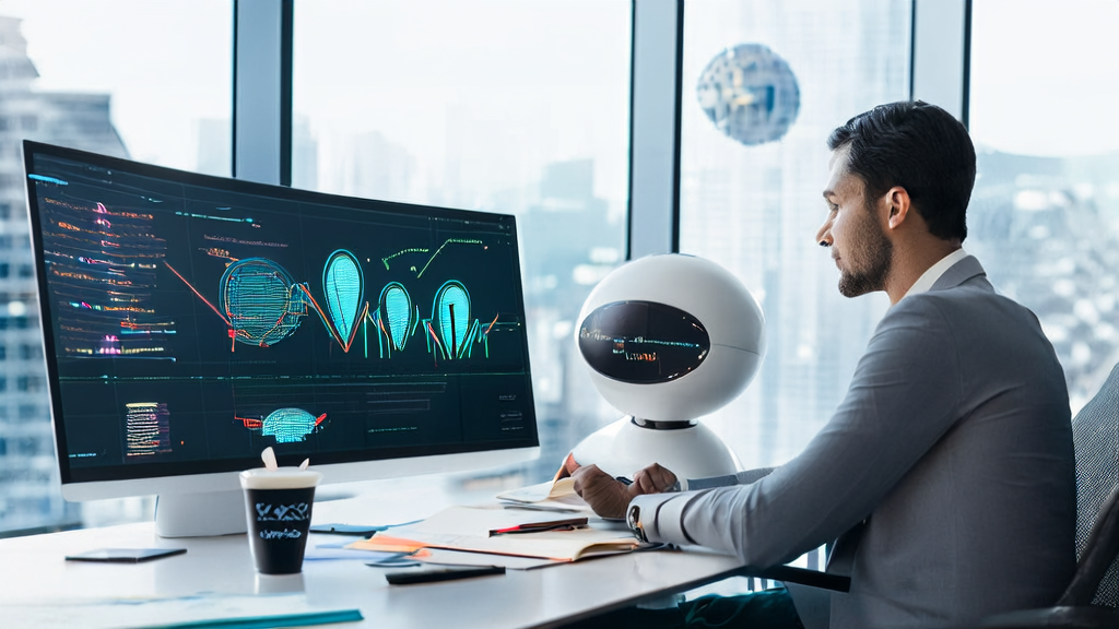 An eCommerce entrepreneur using AI email marketing tools in a modern office surrounded by high-tech equipment and global market data.