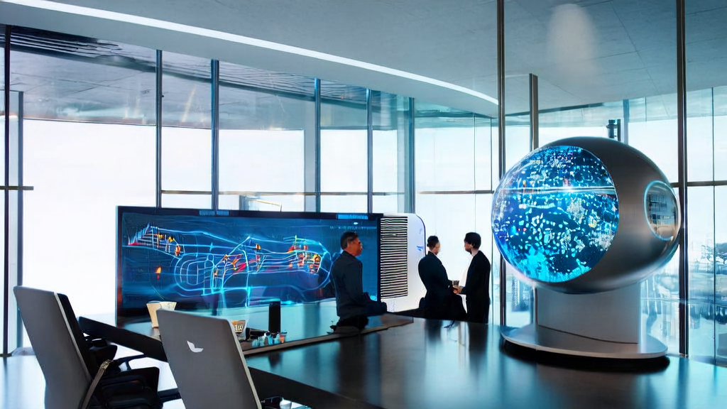 现代办公室中展示AI邮件营销数据分析和谷歌Veo 3视频生成模型的场景