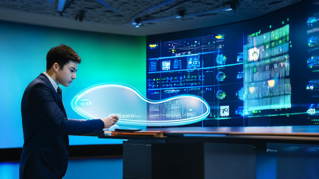 Entrepreneur using AI-optimized email marketing strategies in a futuristic office