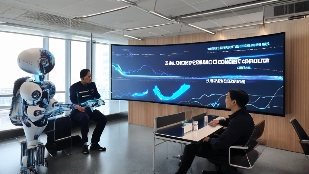 In a modern office, employees are discussing AI email marketing technology, with a tech-filled meeting room illuminated by sunlight and a humanoid robot showcasing multimodal tactile sensors in the background.
