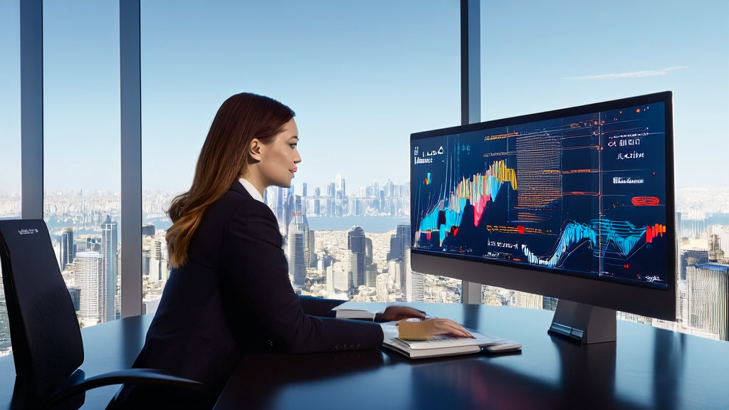 Modern office AI email marketing: A young female CEO using NVIDIA's latest AI model to optimize email marketing strategies, with a city skyline and Mary Meeker's AI report in the background.
