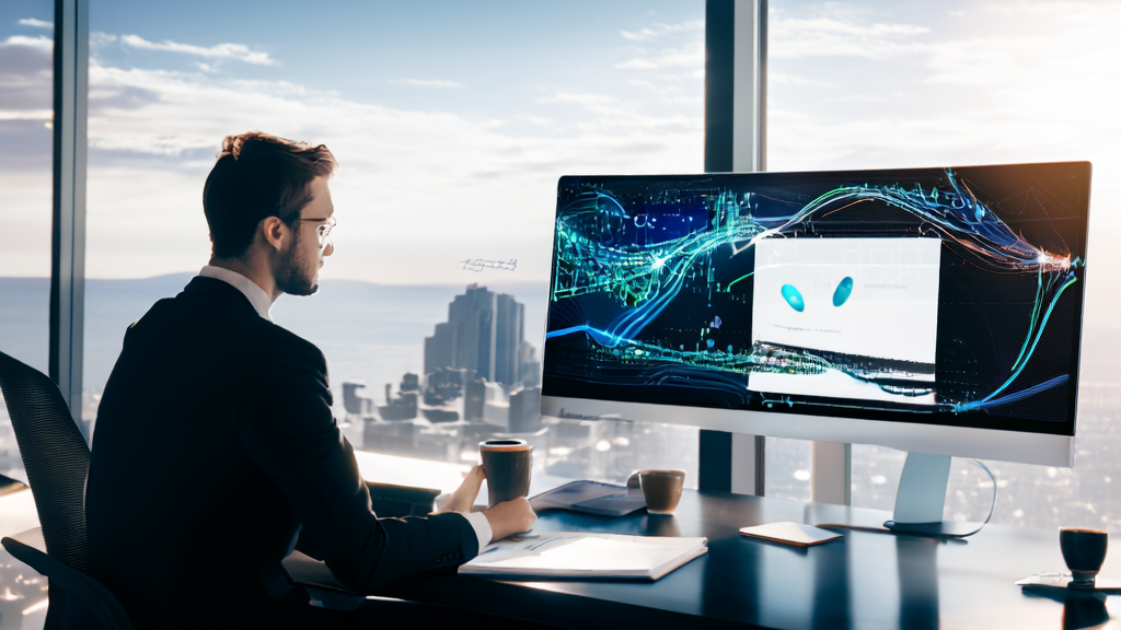 A modern office bathed in sunlight, where an entrepreneur is using Feishu's AI tools for email marketing and customer acquisition