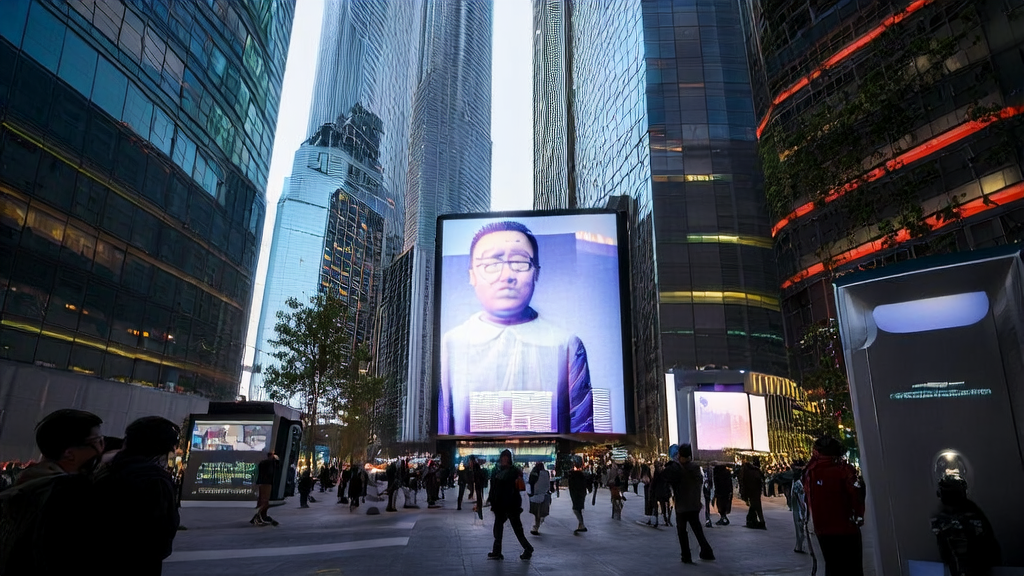 未来城市的街道上，罗永浩数字人直播吸引行人，智能邮箱发送个性化邮件
