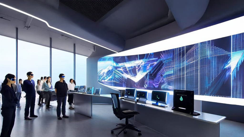 Futuristic office where employees are utilizing AI email marketing and NVIDIA DiffusionRenderer technology for business growth