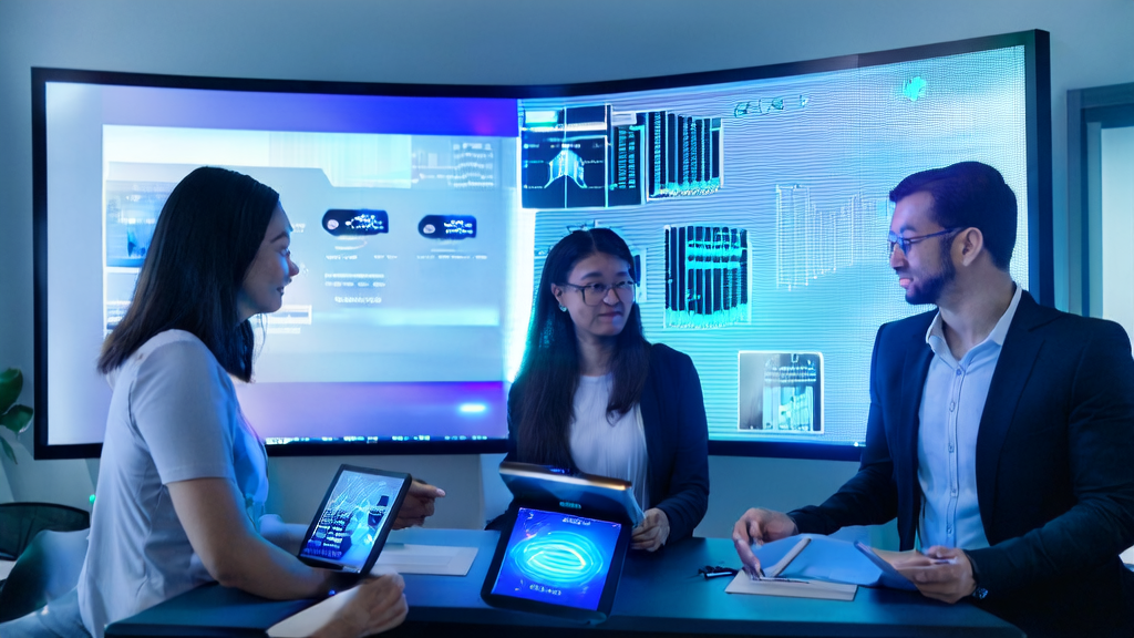 Office workers discussing AI email marketing and smart wearable device applications in a modern office