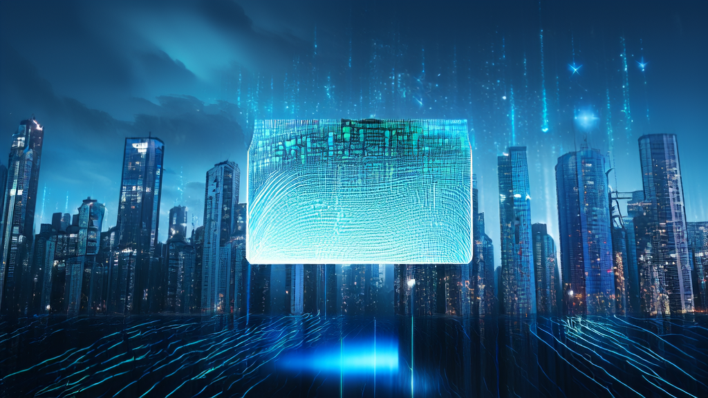 In a futuristic cityscape, a tech-infused email envelope floats between skyscrapers, with Microsoft's open-source Aurora AI model in the background, showcasing the innovative power of AI email marketing and precise acquisition.