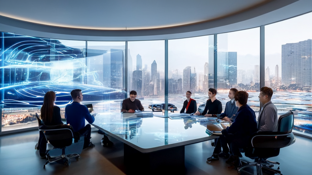In a futuristic office building, entrepreneurs discuss AI email marketing strategies while Tesla Robotaxis drive on smart roads outside.