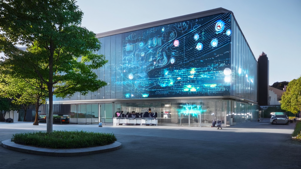 现代科技公司大楼前的巨大电子显示屏展示AI邮件营销的成功案例，同时提醒注意恶意AI威胁。