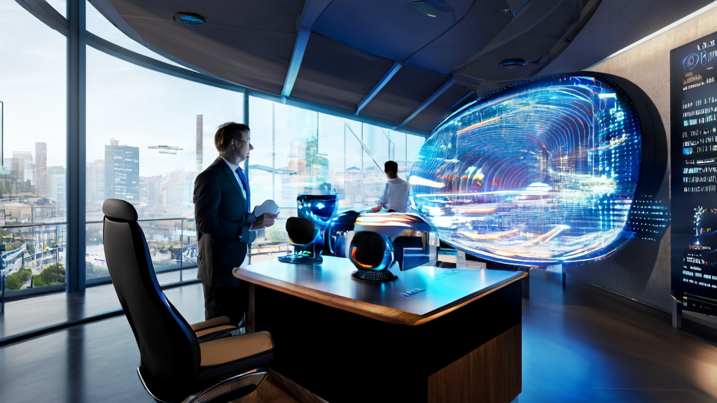 Marketing expert in a futuristic office using AI to optimize email marketing while complying with stringent EU AI regulations