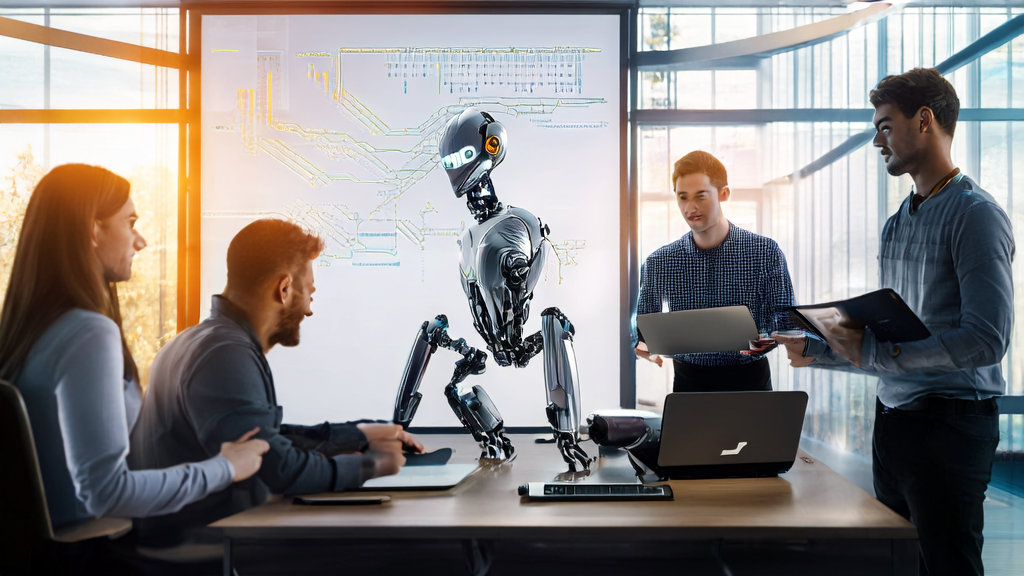 Scene of a futuristic tech office showcasing AI email marketing and Unitree R1 humanoid robot