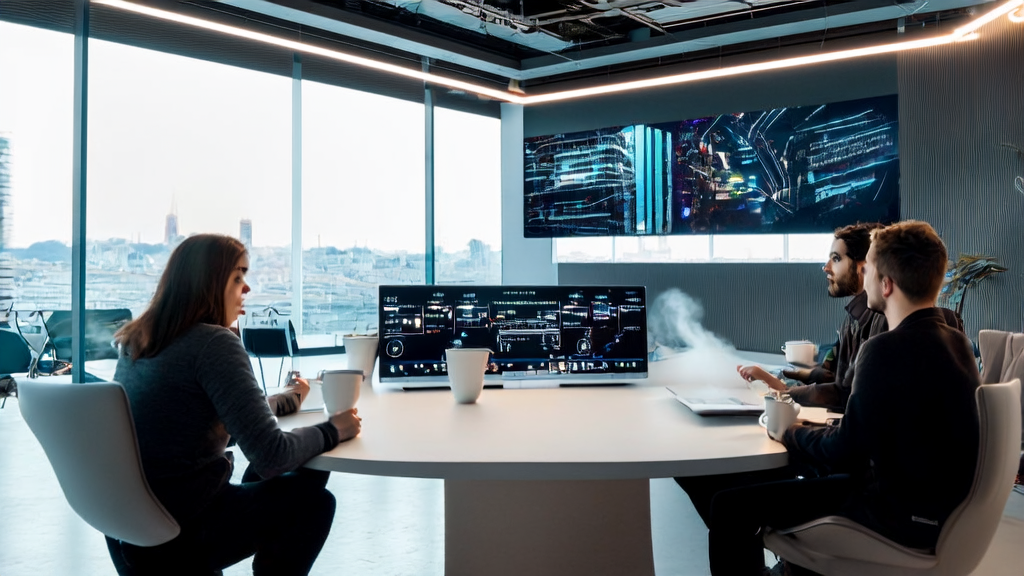 年轻创业者们在充满科技感的办公室中讨论AI邮件营销与视频编辑工具