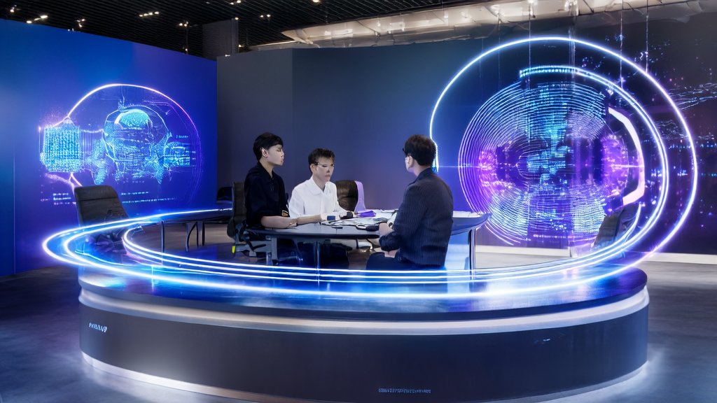 展示了使用百度文心助手进行AI邮件营销的未来感办公室场景，包括全息投影和数据分析