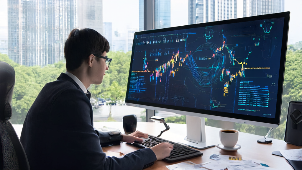 现代办公室中年轻营销人员使用AI技术进行邮件营销分析，强调平衡与创新