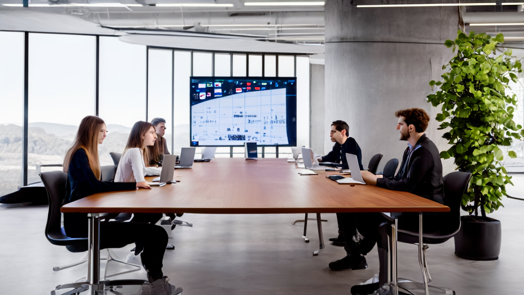 In a modern office, young entrepreneurs are enthusiastically discussing AI email marketing strategies, with sunlight streaming through floor-to-ceiling windows and a large screen displaying market analysis reports.