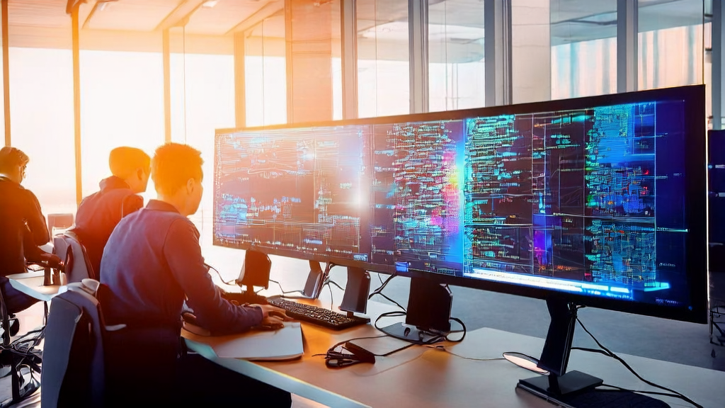 员工在现代化办公室中使用AI邮件营销工具提高客户获客率