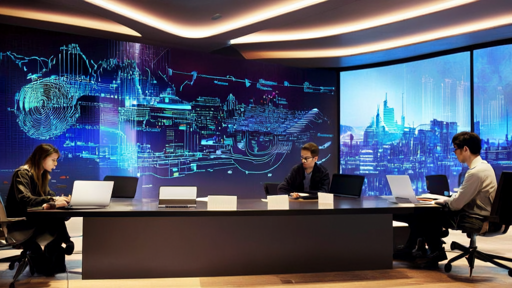 Modern office scene showcasing the use of AI email marketing tools to improve customer acquisition efficiency