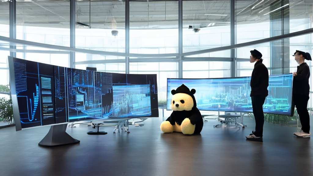 In a modern office bathed in sunlight, data scientists are using AI-optimized email marketing to boost customer acquisition, with a wool felt panda wearing a wide-brimmed hat in the corner.
