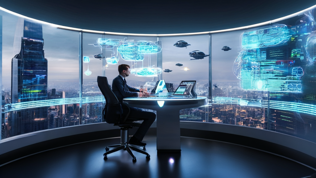 Young entrepreneur analyzing AI email marketing data in a high-tech office to boost customer acquisition efficiency