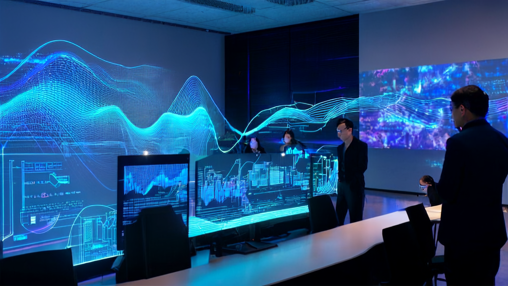 A modern office using AI email marketing system to boost reply rates, with a chart on the wall showing the optimized process and a corner displaying ByteDance's EX-4D technology-generated free-viewpoint video