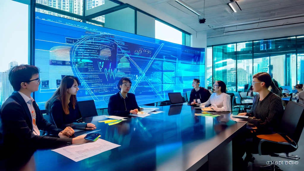 一群创业者在现代办公室中使用AI邮件营销工具分析数据，提升电商销售