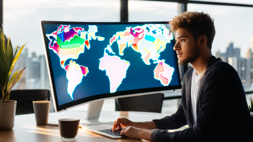 年轻创业者在现代化办公室中使用AI邮件营销工具优化跨境电商业务